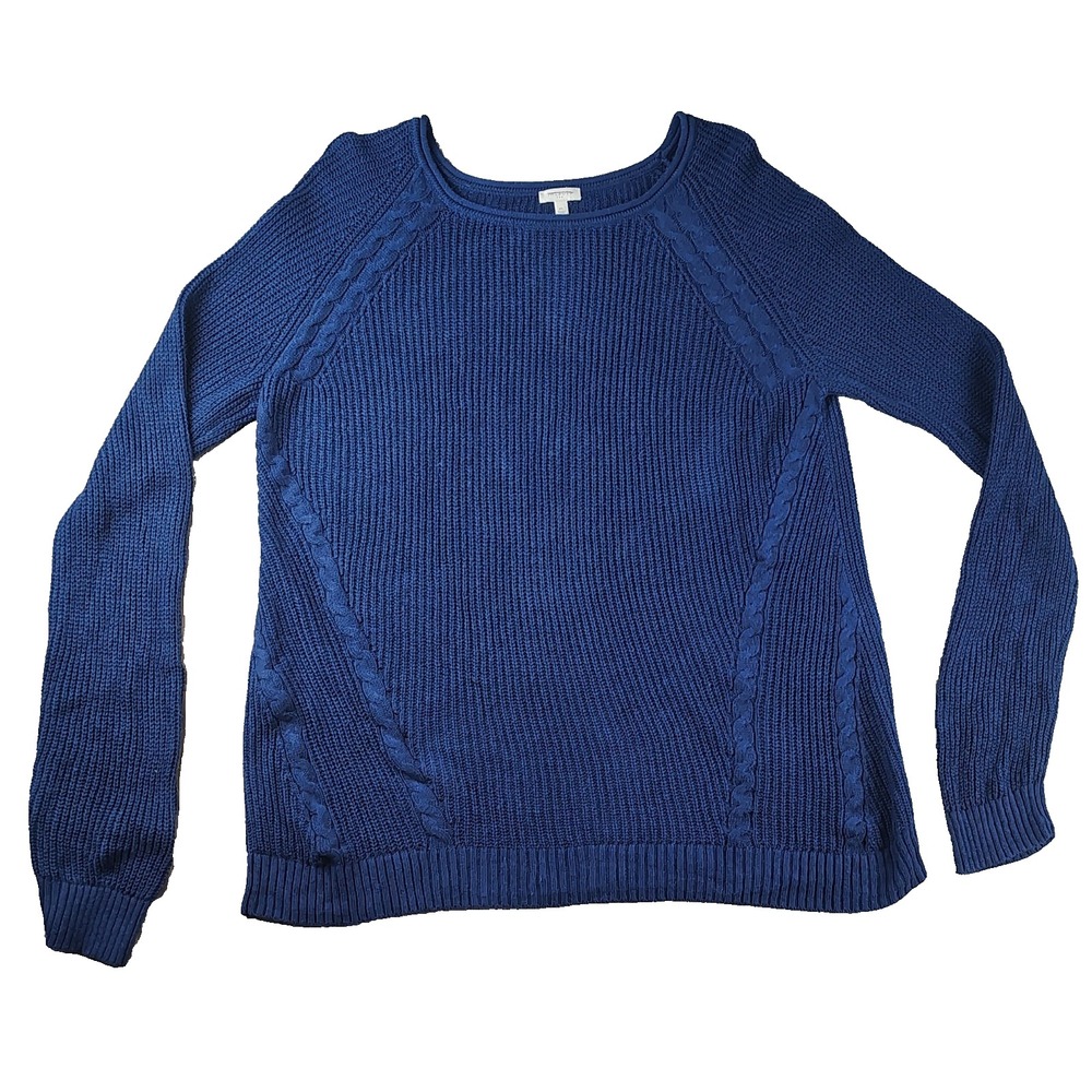 Talbots XL Sweater Womens Blue Open Cable Knit Pullover‎ Long Sleeve Round Neck